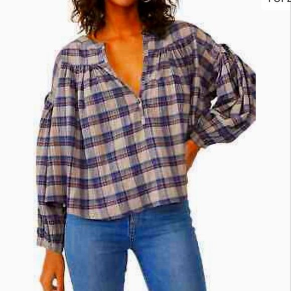 Free People Tops - Free People Jessie Plaid Balloon-Sleeve Top Grey Combo XS